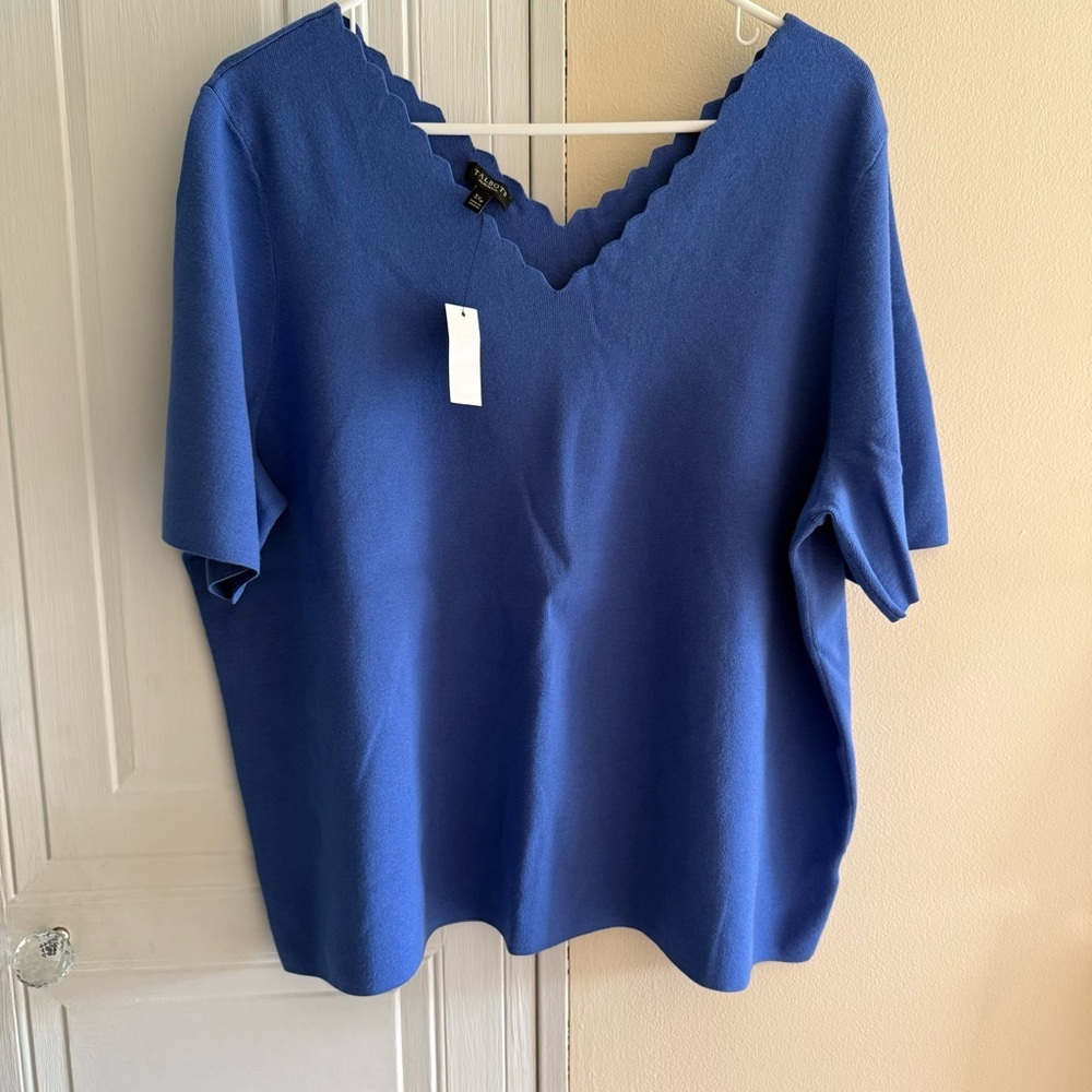 Talbots Royal Blue Scalloped edged V-Neck Blouse short sleeve sweater 3X Petite